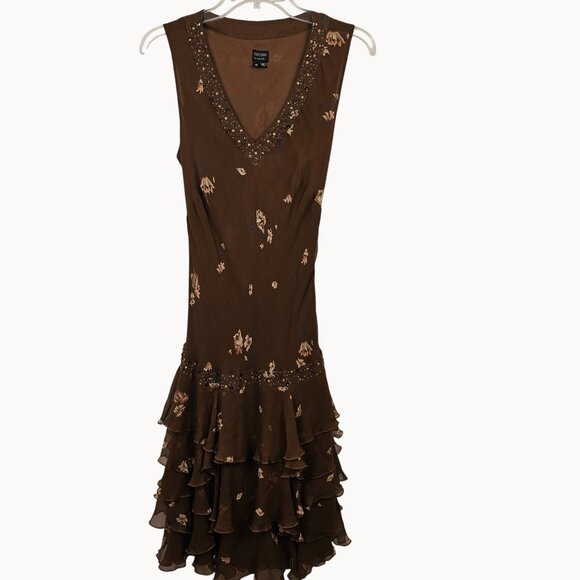 Fairy Cottage Core Dress Frilled Layer Midi Silk Brown Floral 12 Nicole Miller - Picture 5 of 16